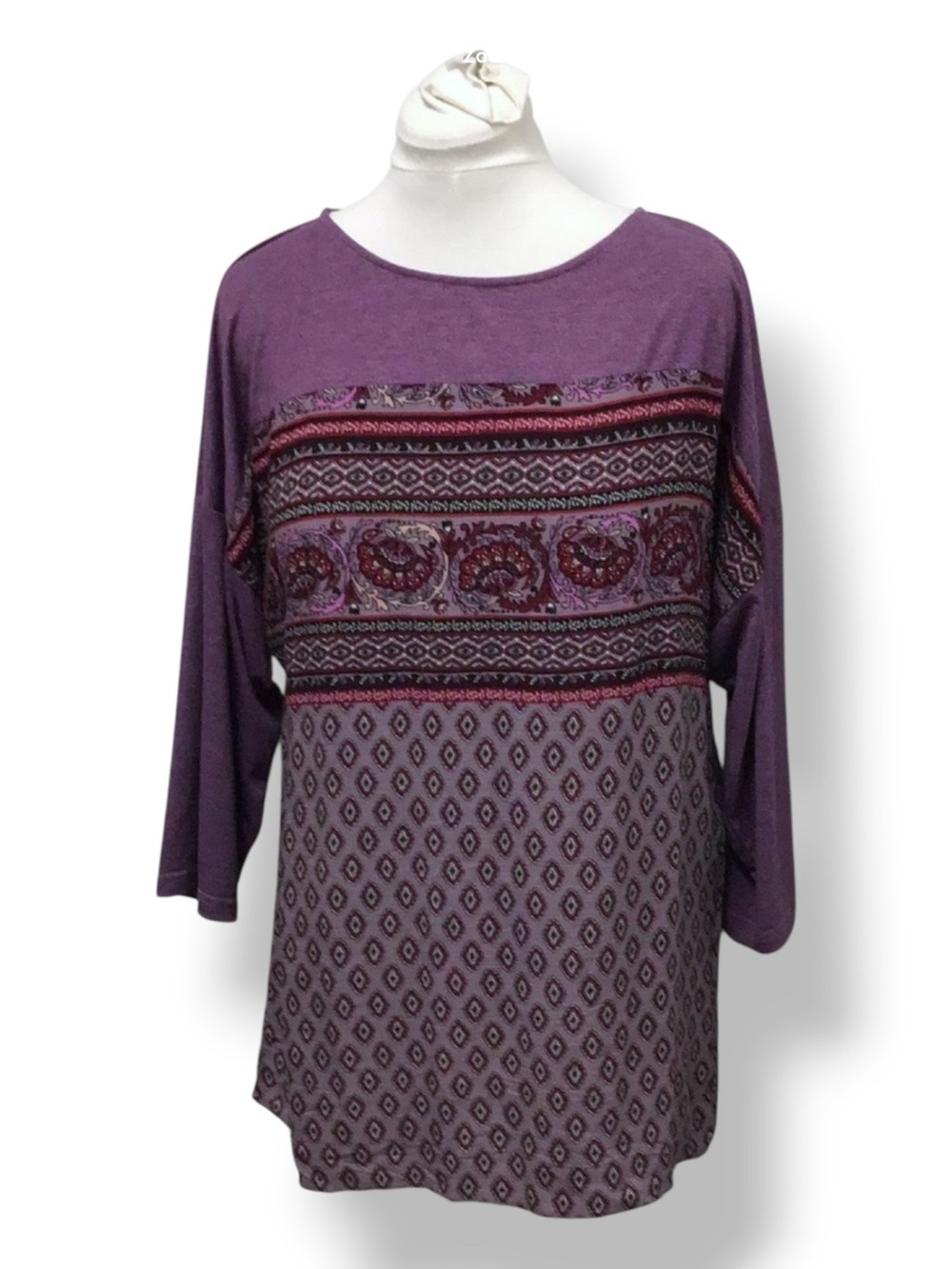 Weekend Suzanne Betro Women’s 3/4 Sleeve Floral Tunic Top Boho Chic Purple XL